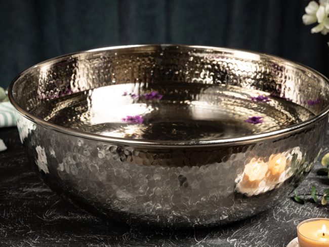 Handcrafted Hammered Copper Foot Soak Bowl – Silver Finish Ayurvedic Spa Basin