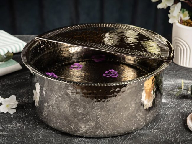 Handcrafted Silver Copper Pedicure & Manicure Bowl – Hammered Finish with Removable Footrest